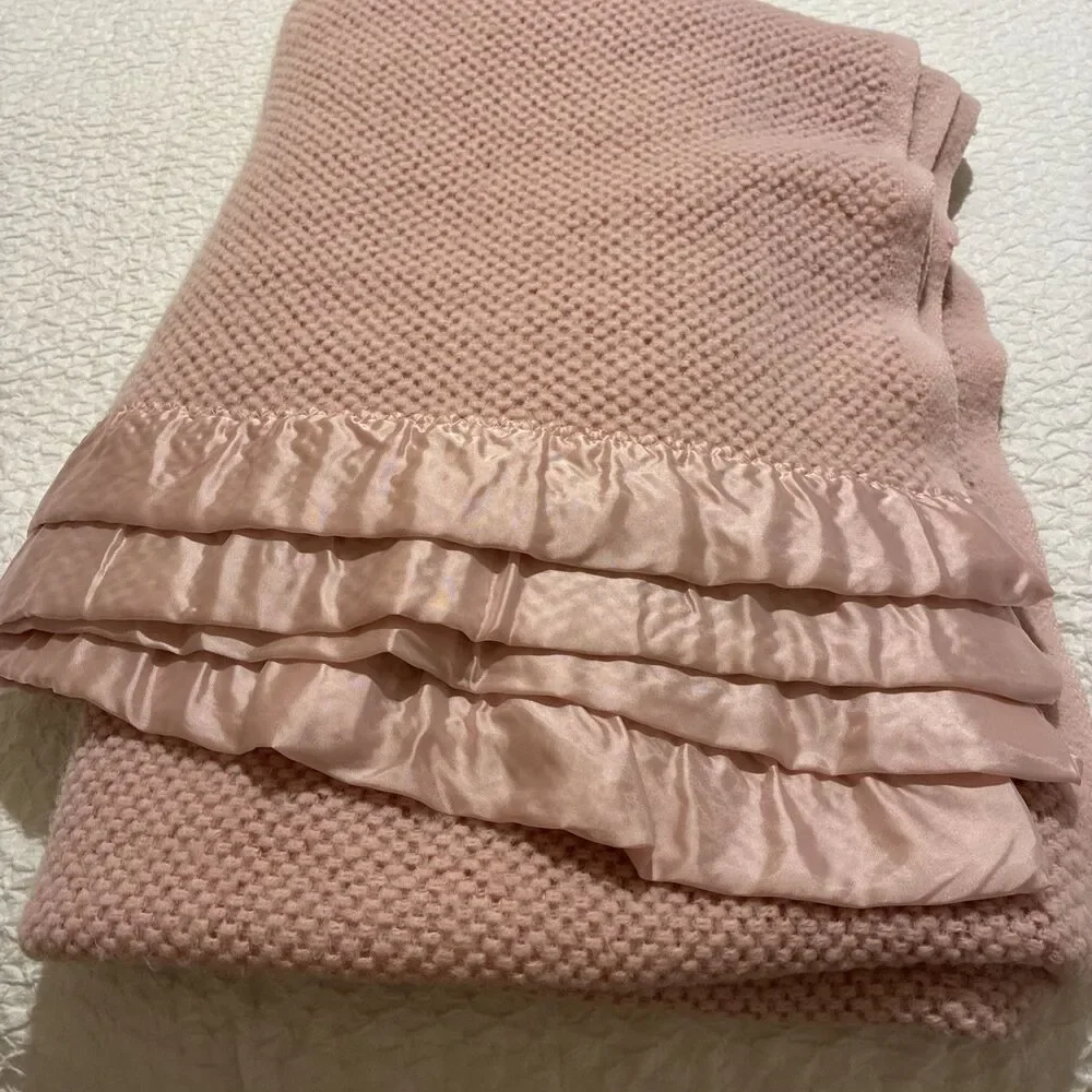 Vtg Waffle Weave Pink Blanket Satin Trim 62 X 86” Twin  1 piece (2 Available)